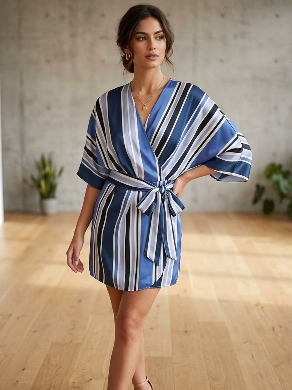 Zara Striped Faux Wrap Kimono Sleeve Skort Romper